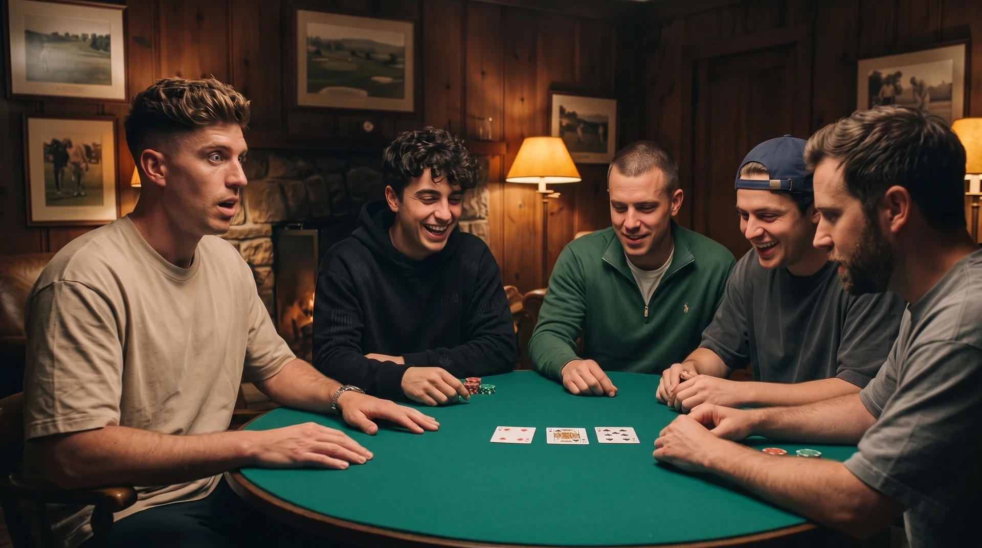 Fictional adult creator group laughing around a card table